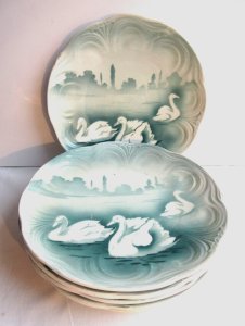 6 Art Deco Dessert Plates Badonviller: The Swans on a Light Green Background