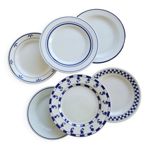 6 assiettes à dessert dépareillées vintage - Porcelaine bleue blanche