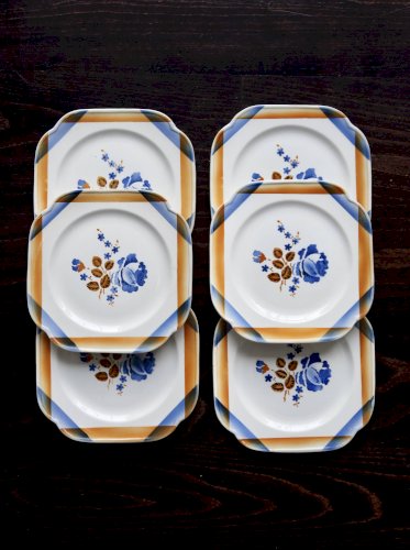 6 assiettes à dessert vintage carrées en faïence Saint Amandinoise
