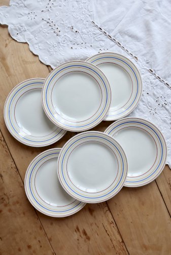 6 assiettes à dessert vintage Céranord Saint-Amand rayures rouge bleu jaune