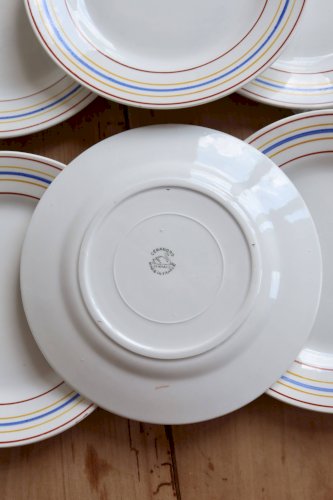 6 assiettes à dessert vintage Céranord Saint-Amand rayures rouge bleu jaune