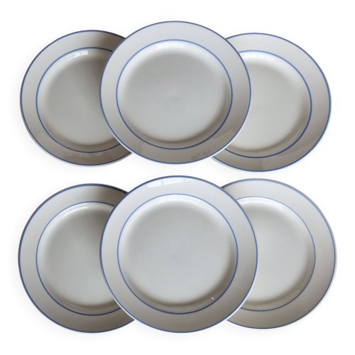 6 assiettes à dessert vintage en faïence ivoire au liseré bleu clair