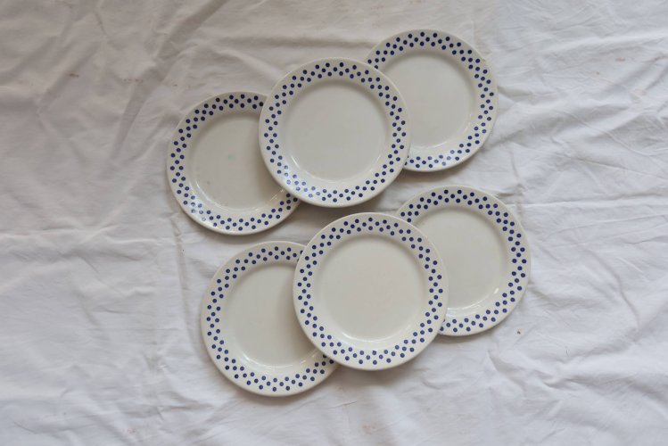 6 assiettes à dessert vintage en faïence Oxford - Motif pois bleus