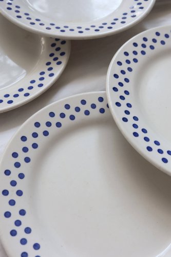 6 assiettes à dessert vintage en faïence Oxford - Motif pois bleus