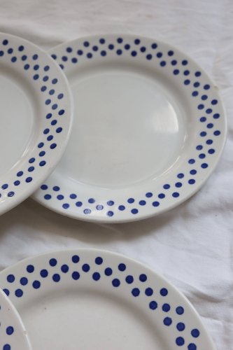 6 assiettes à dessert vintage en faïence Oxford - Motif pois bleus