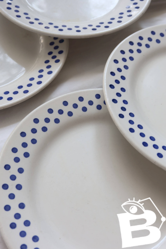 6 assiettes à dessert vintage en faïence Oxford - Motif pois bleus