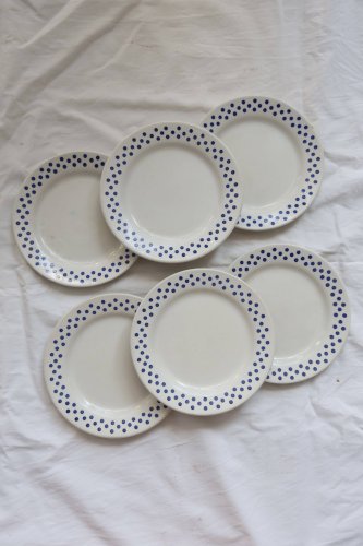 6 assiettes à dessert vintage en faïence Oxford - Motif pois bleus