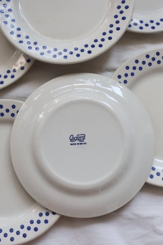 6 assiettes à dessert vintage en faïence Oxford - Motif pois bleus