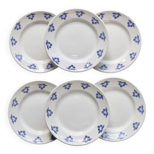 6 assiettes à dessert vintage faïence blanche - Décor cerises bleues