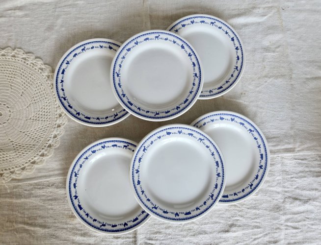 6 assiettes à dessert vintage faïence blanche et bleue