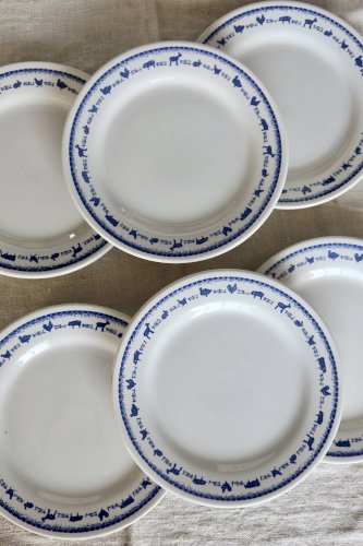 6 assiettes à dessert vintage faïence blanche et bleue