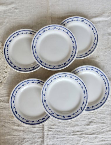 6 assiettes à dessert vintage faïence blanche et bleue