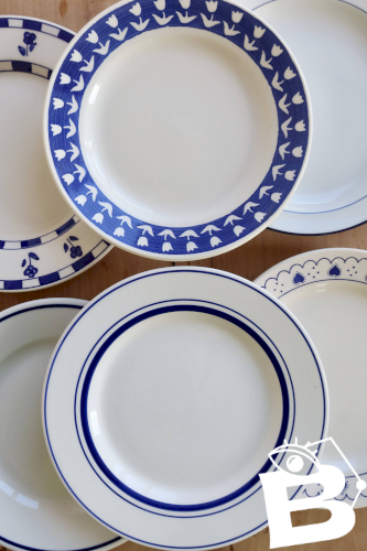 6 assiettes à dessert vintage faïence dépareillée bleue blanche - Lot Cutie