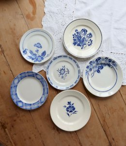 6 mismatched vintage blue and white stoneware dessert plates