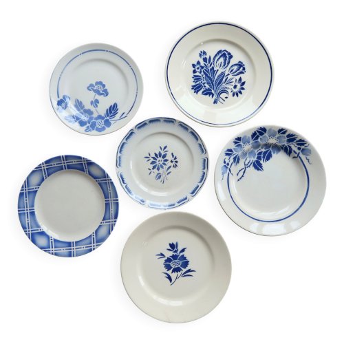 6 assiettes à dessert vintage faïence dépareillée bleue blanche