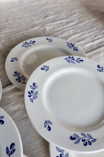 6 assiettes à dessert vintage faïence ivoire - Motif olives bleues