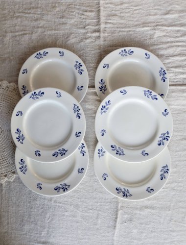 6 assiettes à dessert vintage faïence ivoire - Motif olives bleues