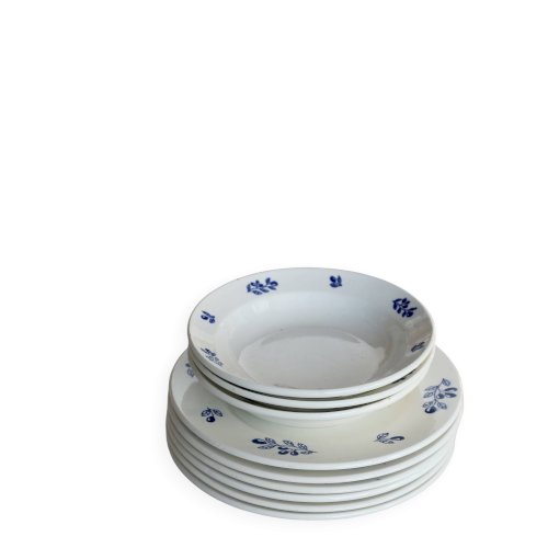 6 assiettes à dessert vintage faïence ivoire - Motif olives bleues