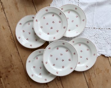 6 assiettes à dessert vintage faïence motifs rouges