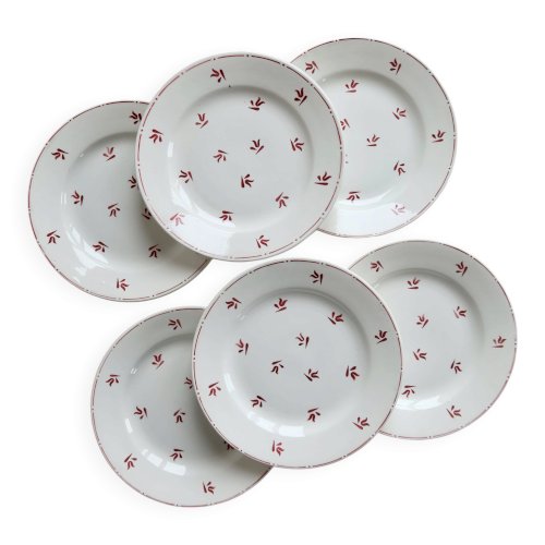 6 assiettes à dessert vintage faïence motifs rouges