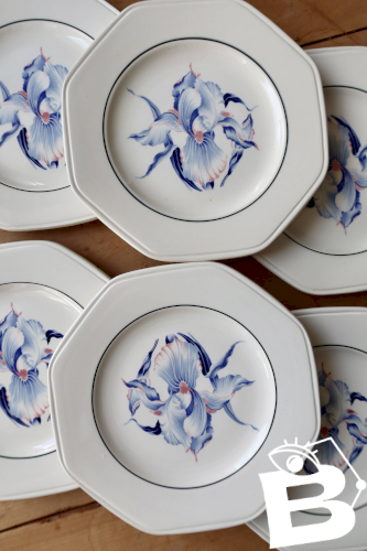 6 assiettes à dessert vintage faïence Moulin des Loups - Motif iris