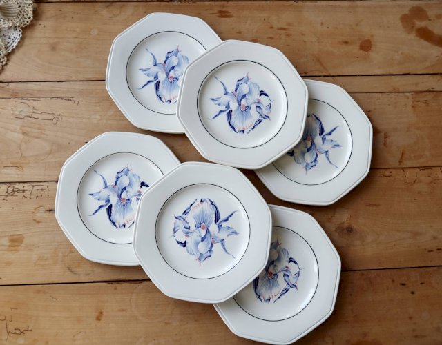 6 assiettes à dessert vintage faïence Moulin des Loups - Motif iris