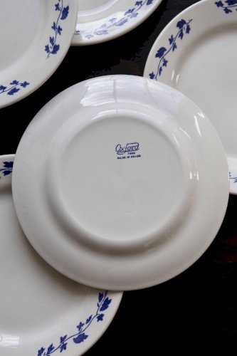 6 assiettes à dessert vintage – faïence Oxford – Blanc & bleu