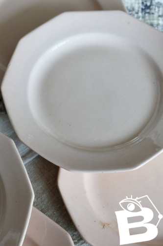6 assiettes à dessert vintage faïence rose pâle – Forme octogonale