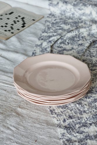 6 assiettes à dessert vintage faïence rose pâle – Forme octogonale