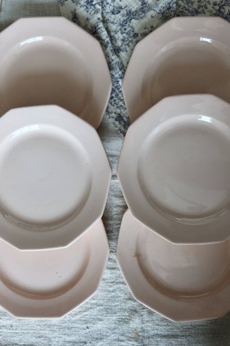 6 assiettes à dessert vintage faïence rose pâle – Forme octogonale