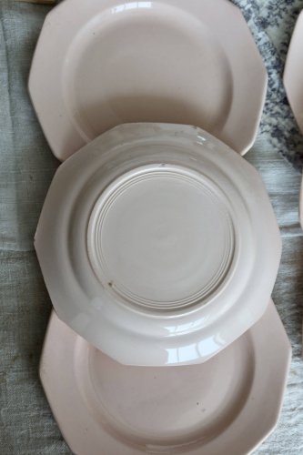6 assiettes à dessert vintage faïence rose pâle – Forme octogonale