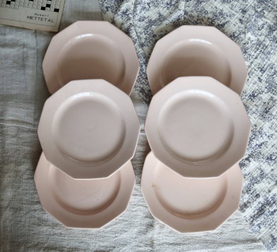 6 assiettes à dessert vintage faïence rose pâle – Forme octogonale