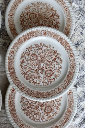 6 assiettes à dessert vintage fleuries – Codec – Décor brun rustique