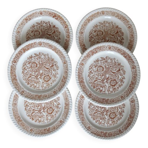 6 assiettes à dessert vintage fleuries – Codec – Décor brun rustique