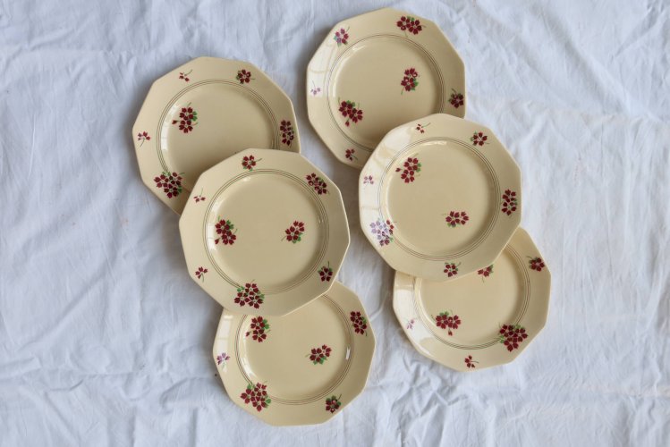 6 assiettes à dessert vintage Moulin des Loups - Faïence décor fleuri
