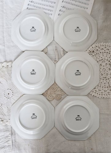 6 assiettes à dessert vintage octogonales à décor perlé, Johnson Brothers