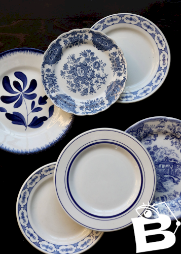 6 assiettes à dessert vintage porcelaine dépareillée bleue blanche