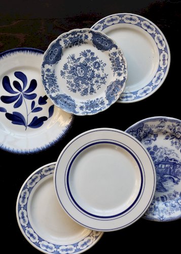 6 assiettes à dessert vintage porcelaine dépareillée bleue blanche