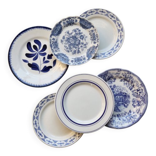 6 assiettes à dessert vintage porcelaine dépareillée bleue blanche
