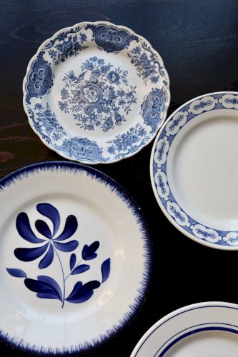 6 assiettes à dessert vintage porcelaine dépareillée bleue blanche