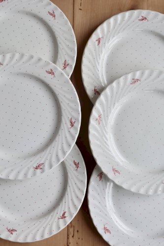 6 assiettes à dessert vintage porcelaine Fontebasso - Décor pois rouges