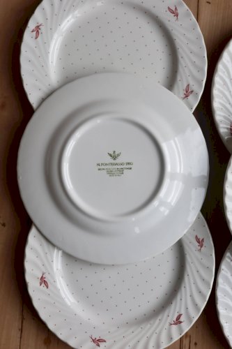 6 assiettes à dessert vintage porcelaine Fontebasso - Décor pois rouges