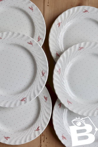 6 assiettes à dessert vintage porcelaine Fontebasso - Décor pois rouges