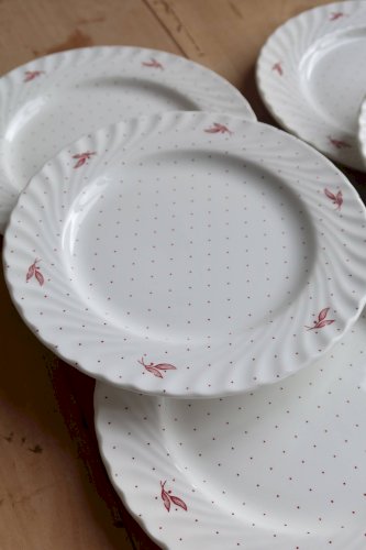 6 assiettes à dessert vintage porcelaine Fontebasso - Décor pois rouges