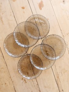 6 vintage smoked glass dessert plates – Floral relief petal effect