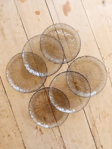 6 assiettes à dessert vintage verre fumé – Relief floral effet pétales