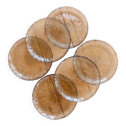 6 assiettes à dessert vintage verre fumé – Relief floral effet pétales