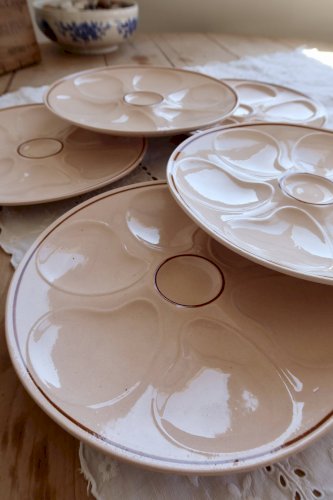 6 assiettes à huîtres rose vintage faïence Longwy