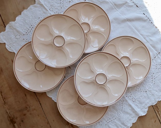 6 assiettes à huîtres rose vintage faïence Longwy