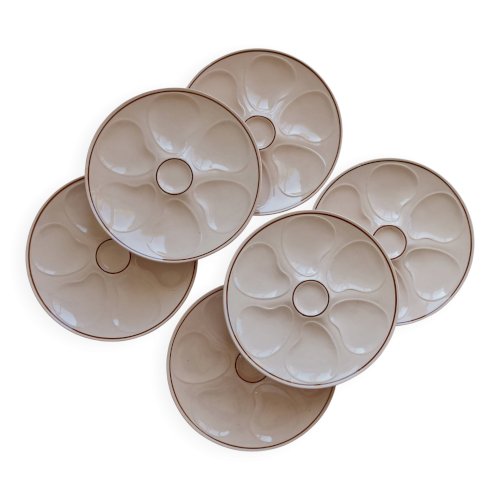 6 assiettes à huîtres rose vintage faïence Longwy